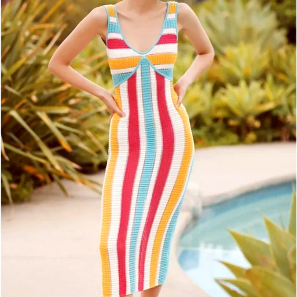 SOLID‎ & STRIPED Medium Aubrey Crochet Knit Maxi Dress Sleeveless Colorful Beach